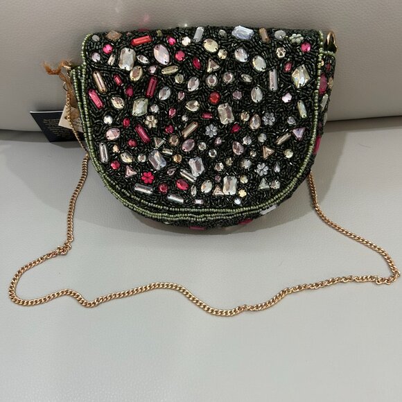 Beaded Jeweled Large Srones Dark Green Crossbody Bag From India to You NWT - Picture 4 of 6